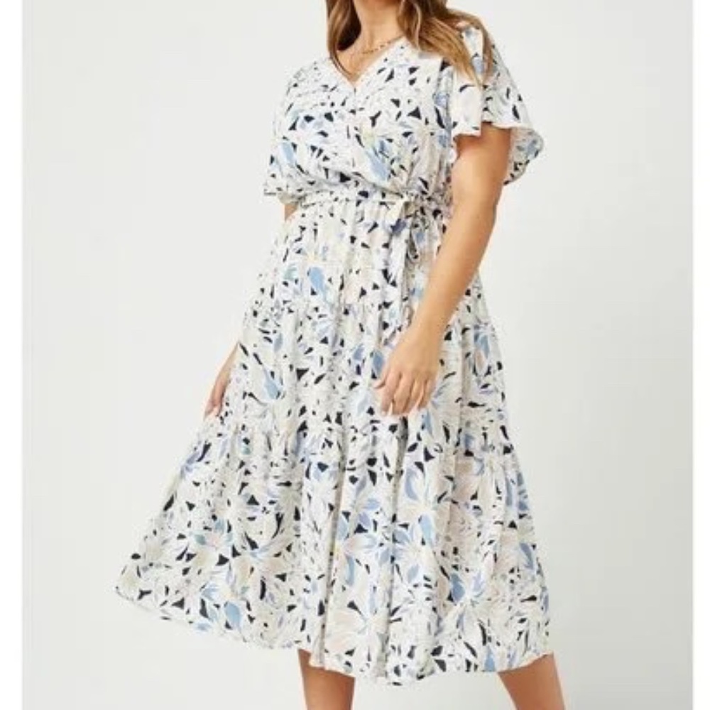 Hayden Blue & Ivory Floral Flutter Sleeve Belted Tiered V-Neck Midi Dress Sz 2X